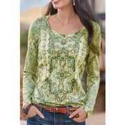 Printed ethnic style t-shirt women long sleeve top