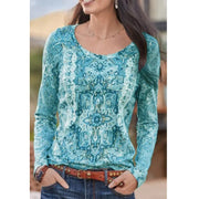 Printed ethnic style t-shirt women long sleeve top