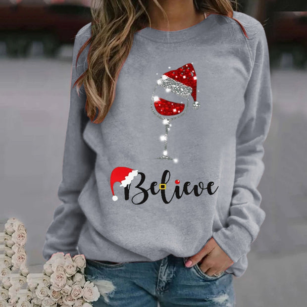 Fashion Christmas pattern printed long-sleeved round neck sweater women