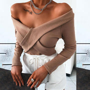 Fashion three-dimensional ribbed cross long-sleeved top sexy slim top