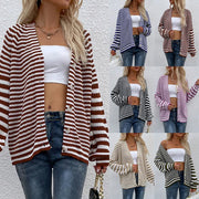 Knit cardigan striped V-neck lantern sleeve sweater women