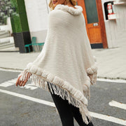 Pure color knitted cape shawl with fur collar