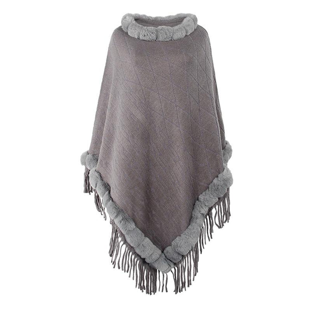 Pure color knitted cape shawl with fur collar