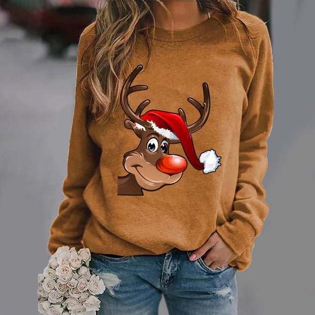 Fashion elk pattern printed long-sleeved round neck sweater women