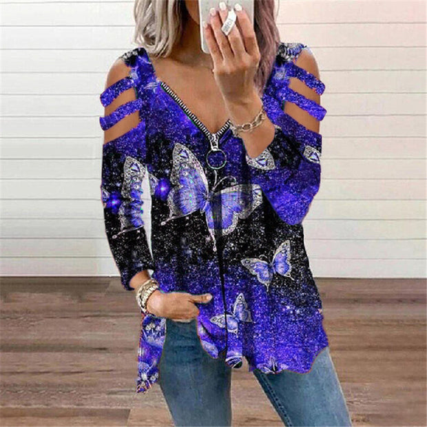 V-neck butterfly print long-sleeved T-shirt with zipper