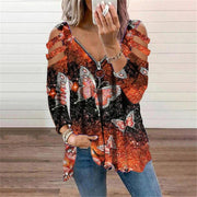 V-neck butterfly print long-sleeved T-shirt with zipper