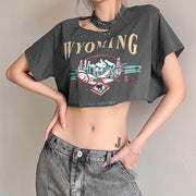 Fashion letter printing loose irregular navel exposed T-shirt women