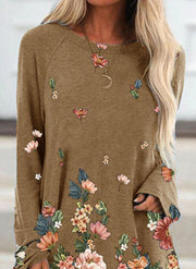 Fashion pullover round neck long sleeve mid-length loose print T-shirt