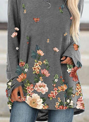 Fashion pullover round neck long sleeve mid-length loose print T-shirt