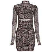Women's long-sleeved round neck leopard print slim fashion hip dress
