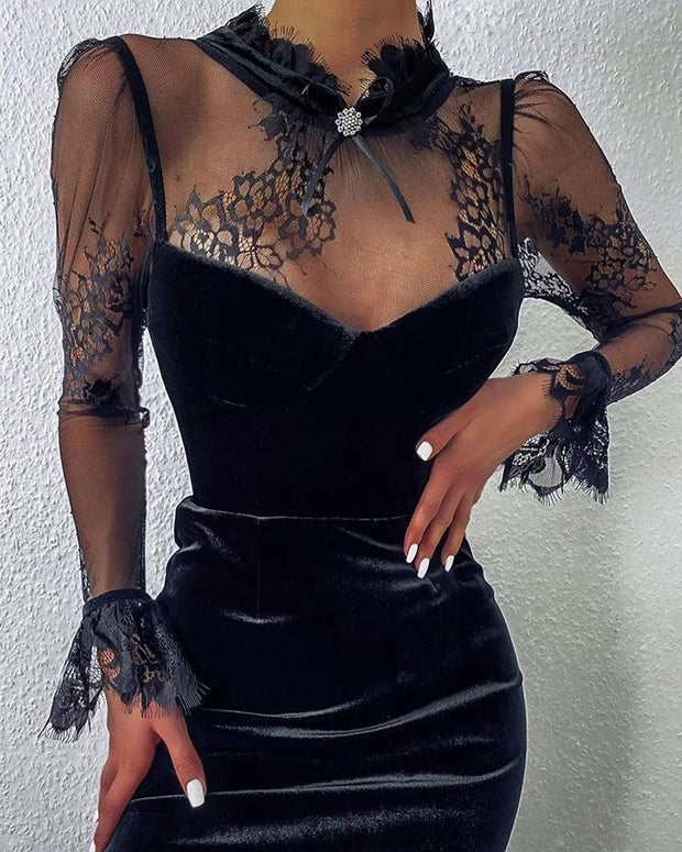 Female sexy elegant lace stand-up collar lace stitching gold velvet ladies dress