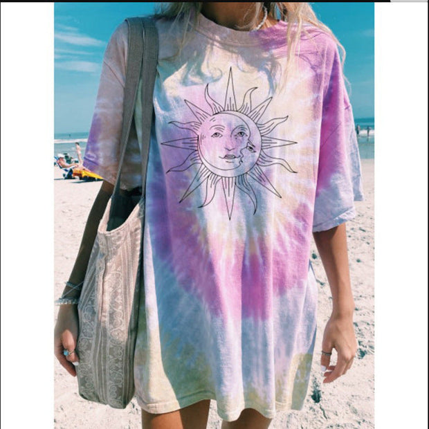Fashion casual round neck short sleeve tie-dye printed pullover T-shirt