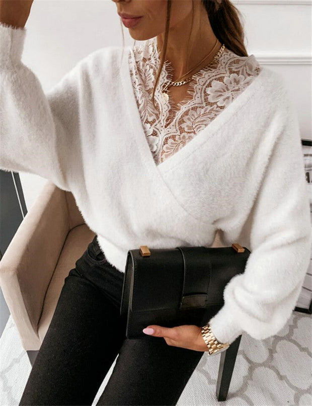 Sexy solid color lace sling flannel long-sleeved top for autumn and winter
