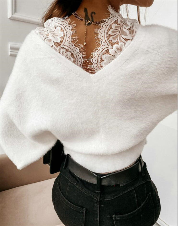 Sexy solid color lace sling flannel long-sleeved top for autumn and winter