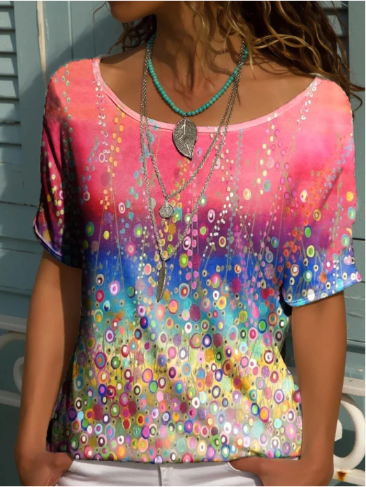 Multicolor round neck geometric print loose short-sleeved T-shirt