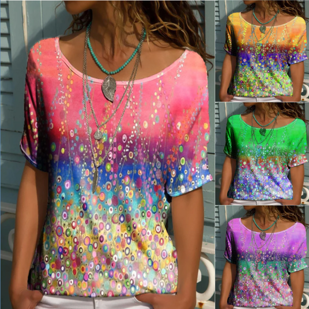 Multicolor round neck geometric print loose short-sleeved T-shirt