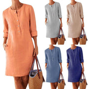 Cotton and linen round neck long sleeve dress