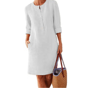 Cotton and linen round neck long sleeve dress