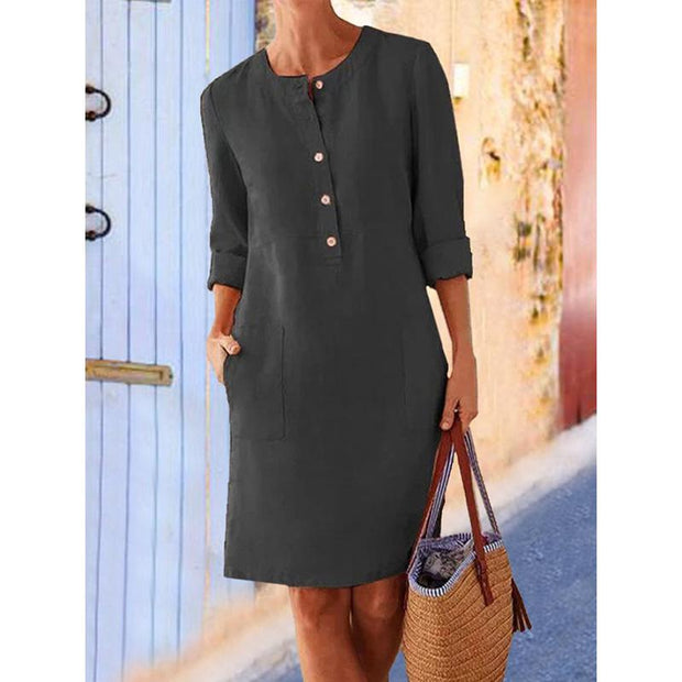 Cotton and linen round neck long sleeve dress