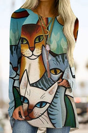 Fashion loose round neck animal cat print long sleeve top