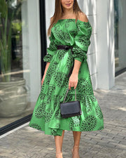 One Shoulder Hem Long Sleeve Printed Dress ( Without Belt )