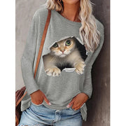 Fashion women's round neck pullover cat long sleeve T-shirt