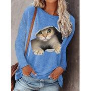 Fashion women's round neck pullover cat long sleeve T-shirt