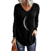Moon print round neck loose long-sleeved T-shirt sweater women