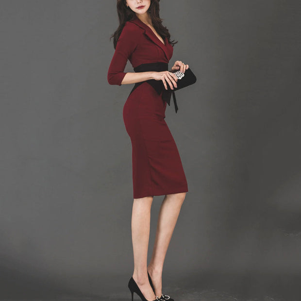 Intellectual and elegant temperament OL temperament sexy V-neck slim-fit lace-up contrast color bag hip mid-length dress