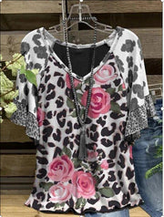 Waffle V-neck leopard print stitching casual five-point sleeve T-shirt