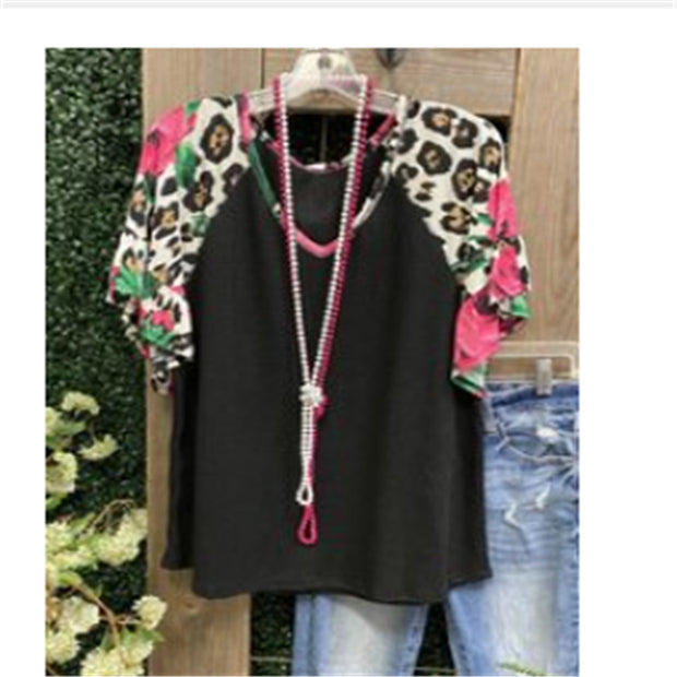 Waffle V-neck leopard print stitching casual five-point sleeve T-shirt