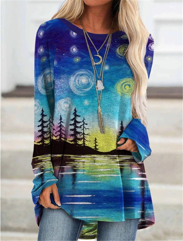 Fashion casual round neck landscape forest print long-sleeved pullover