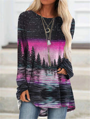 Fashion casual round neck landscape forest print long-sleeved pullover