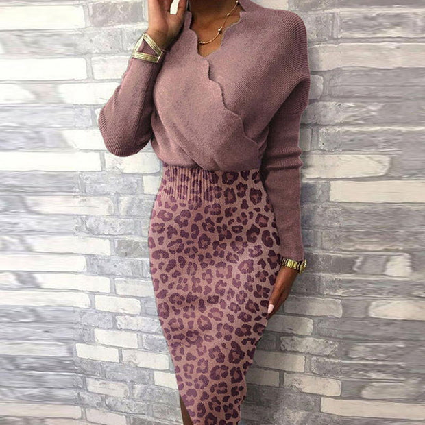 Autumn and winter women's fashion leopard print stitching long-sleeved bag hip high waist bag hip dress
