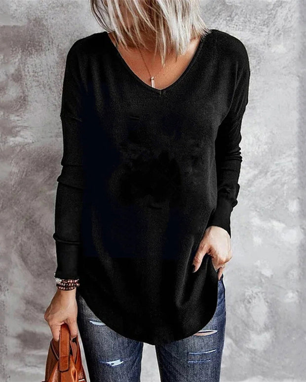 Solid Color Casual V-Neck Long Sleeve T-Shirt