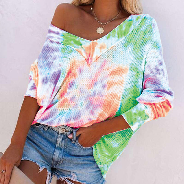 Fashion casual spring and summer stitching tie-dye colorful long-sleeved top