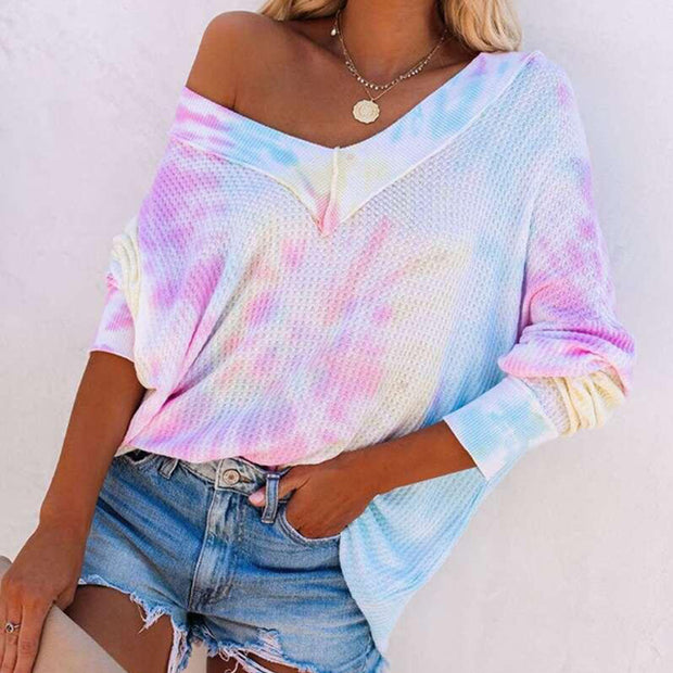 Fashion casual spring and summer stitching tie-dye colorful long-sleeved top
