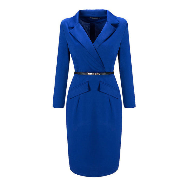 Autumn and winter women's long-sleeved suit collar pencil skirt with belt bodycon dress