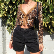 Fashion women's sexy leopard lace long-sleeved shirt