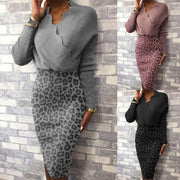 Autumn and winter women's fashion leopard print stitching long-sleeved bag hip high waist bag hip dress