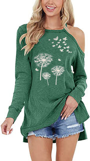 Long sleeve slack shoulder dandelion print round neck pullover T-shirt sweatshirt