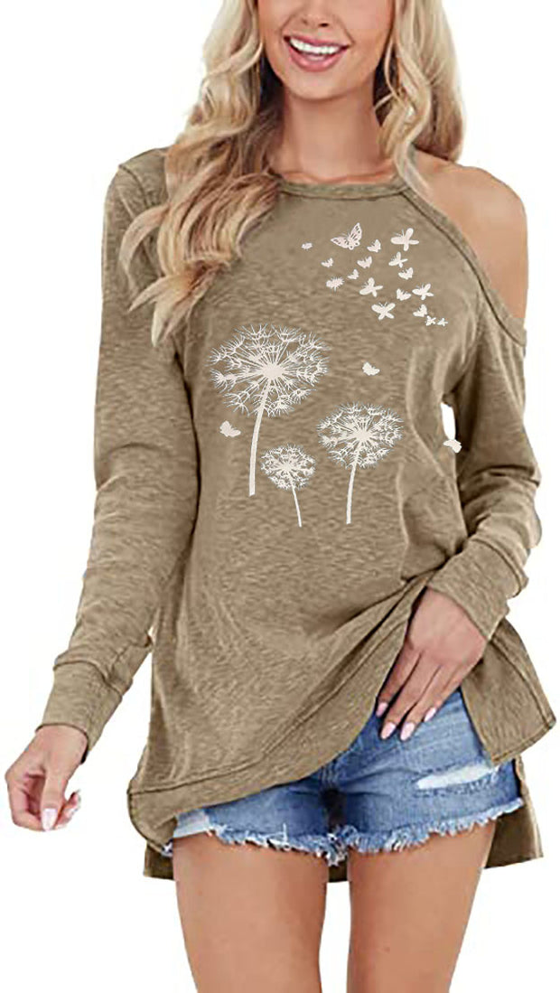 Long sleeve slack shoulder dandelion print round neck pullover T-shirt sweatshirt