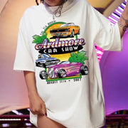 Personality Multicolor Car Letter White Printing Loose Women's Round Neck T-Shirt