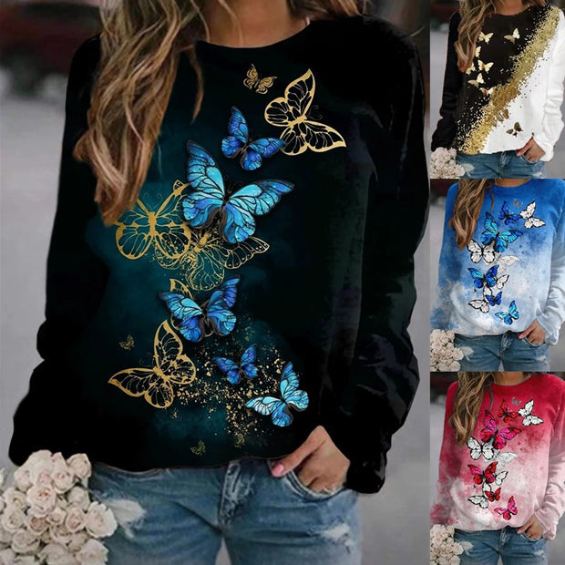 Floral Butterfly Round Neck Long Sleeve Sweatshirt Women T-shirt