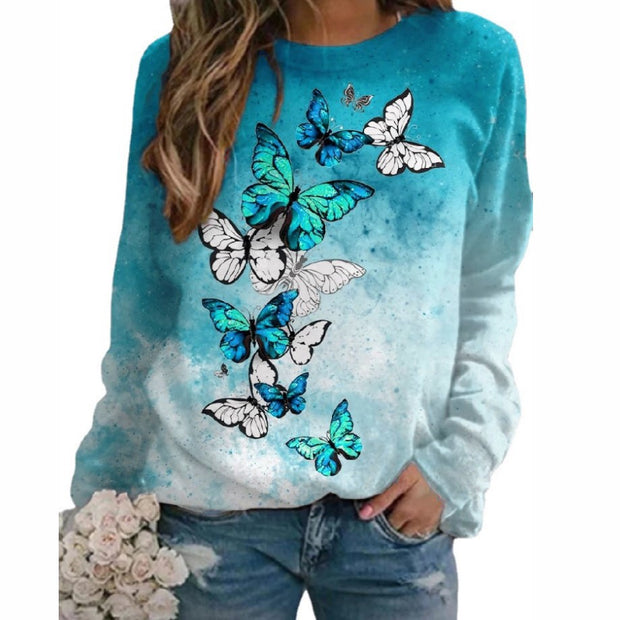 Floral Butterfly Round Neck Long Sleeve Sweatshirt Women T-shirt