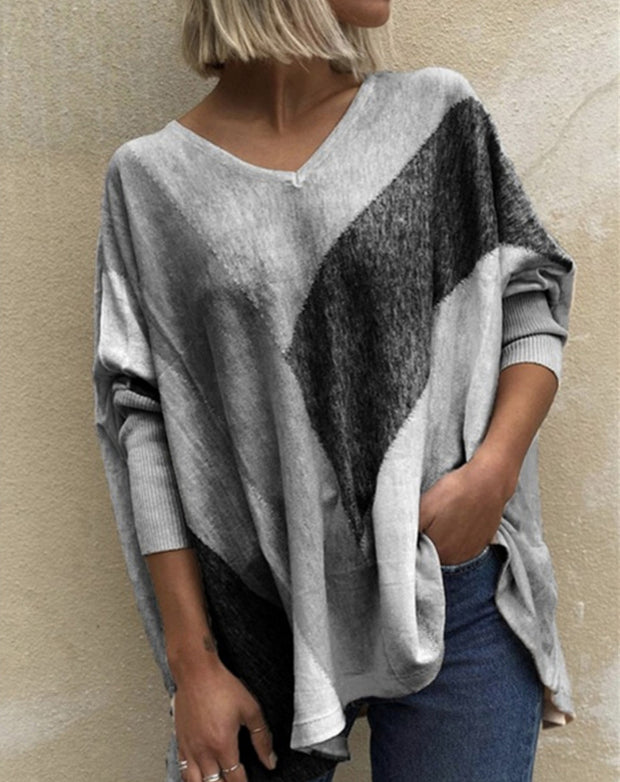 Fashion casual hit color loose V-neck long-sleeved printed T-shirt top women