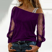 Oblique neck mesh off-shoulder long-sleeved t-shirt bottoming shirt