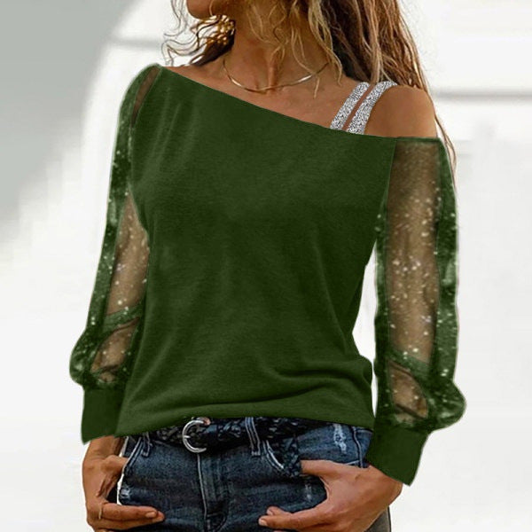 Oblique neck mesh off-shoulder long-sleeved t-shirt bottoming shirt