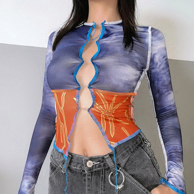 Women's fashion stitching round neck long sleeve slim sexy T-shirt