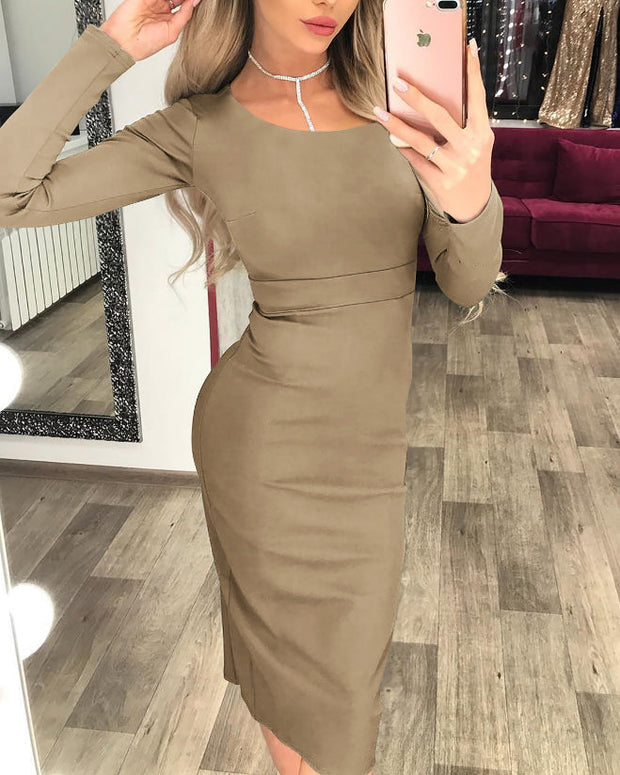 Simple European and American round neck mid-length bag bodycon dress